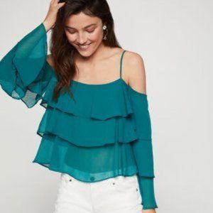 BCBGeneration Dark Sea Green Ruffle Chiffon Bell Sleeve Blouse nwt